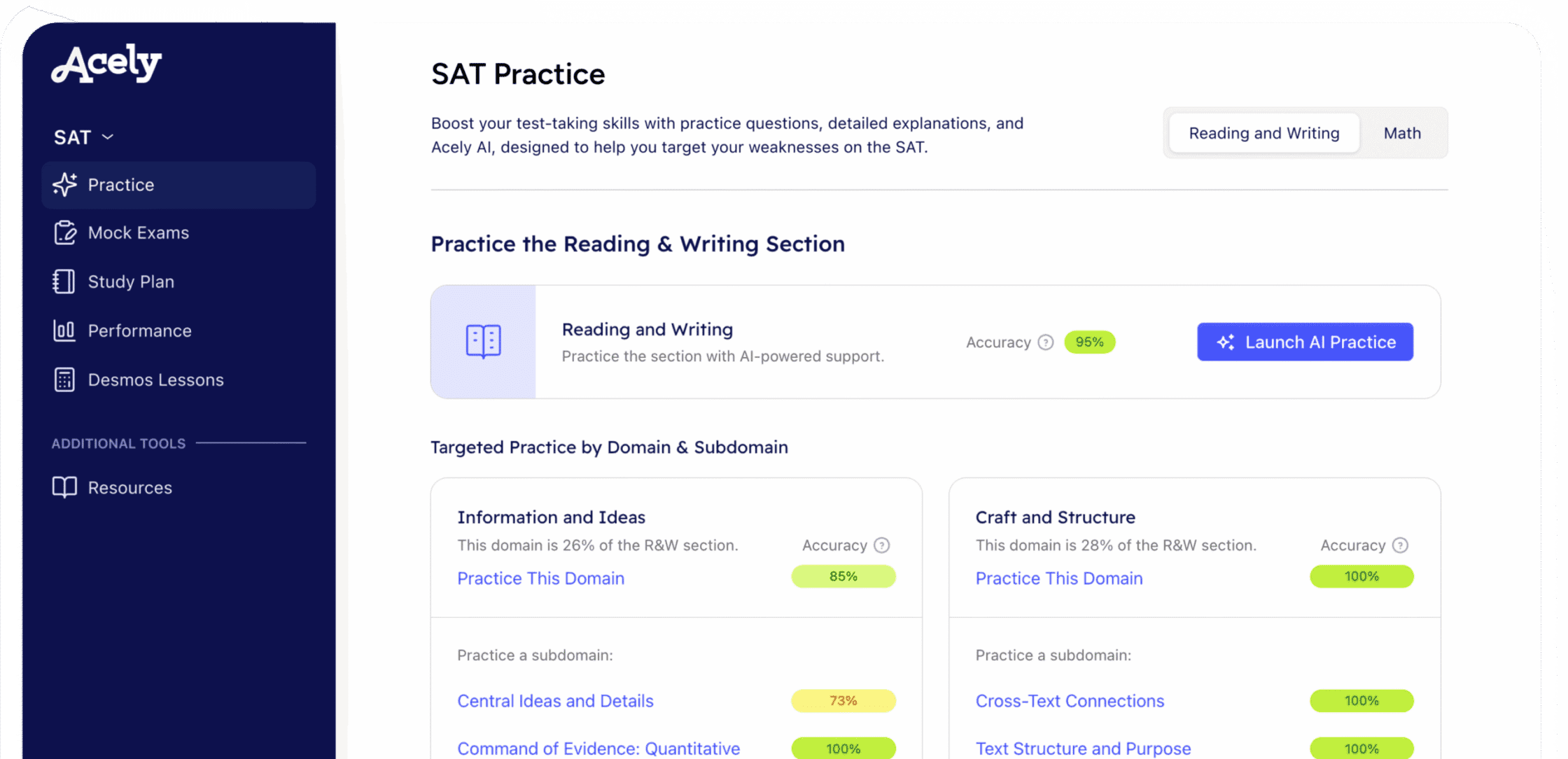 Acely SAT study plan and AI tutor