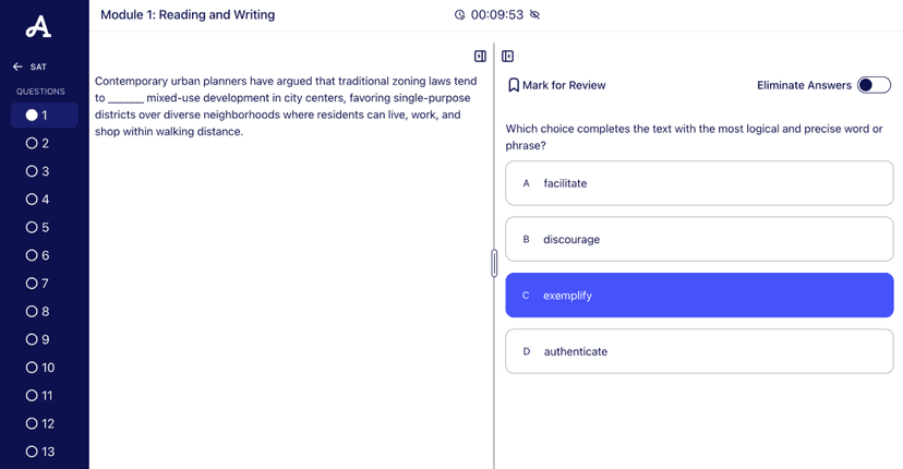 Digital SAT Reading and Writing practice question interface