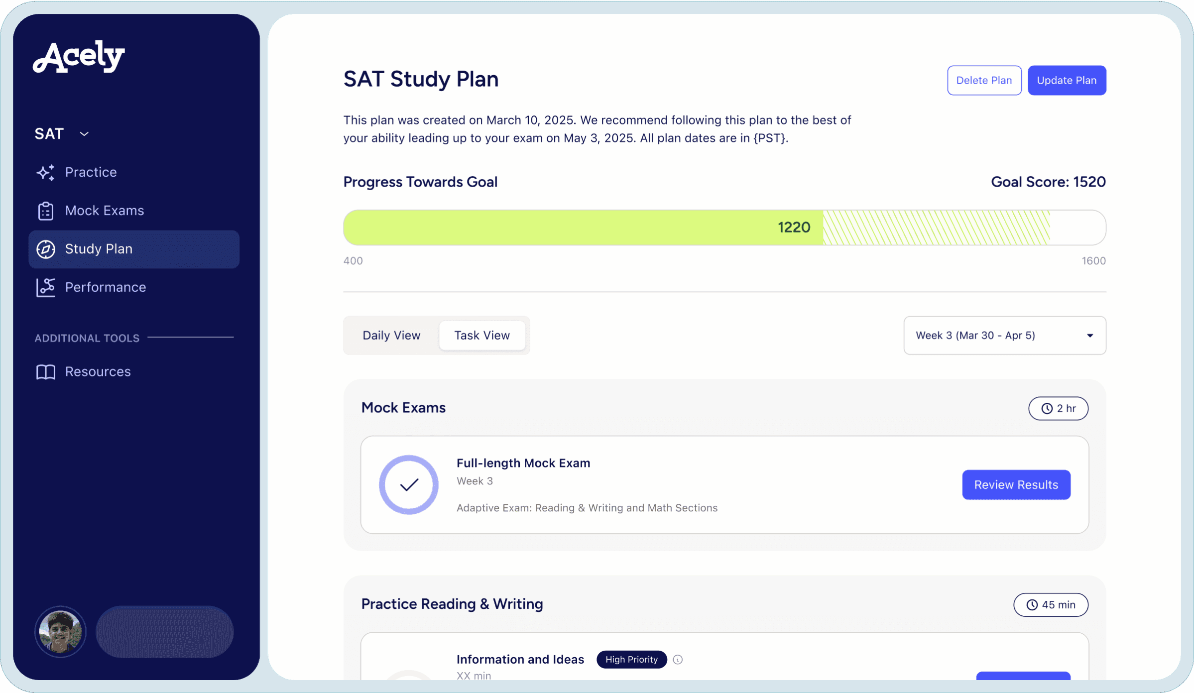 Acely SAT Study Plan dashboard showing progress, mock exams, and practice sections