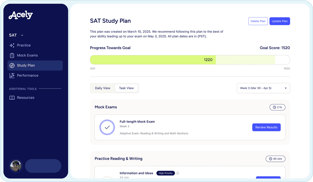 Acely study plan interface showing personalized test prep progress and section breakdown