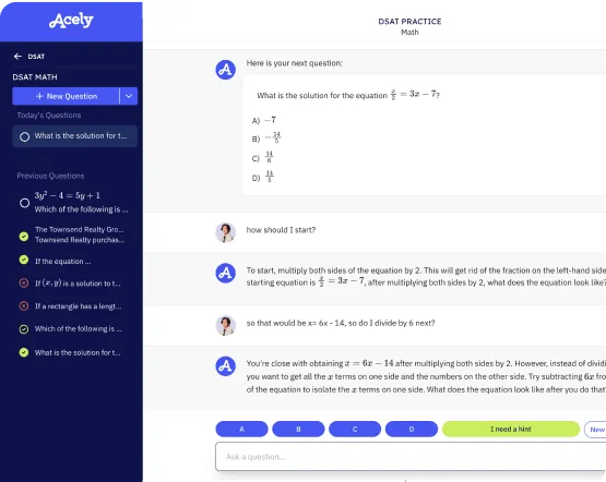 Screenshot of the Acely test preparation application showing a DSAT math problem with multiple-choice answers, a navigation sidebar, and AI-powered hints for solving the equation.