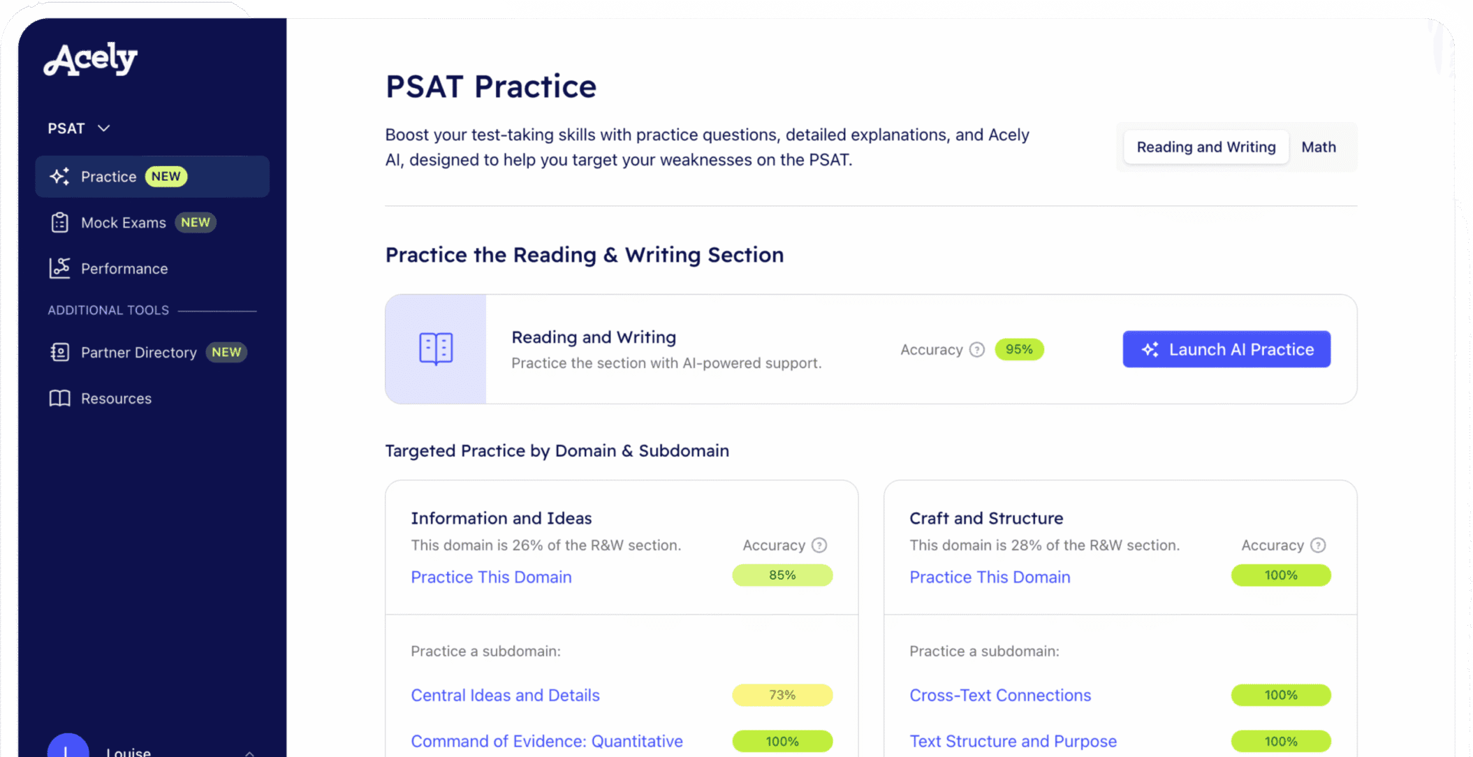 Acely PSAT Practice dashboard with sidebar navigation, Reading and Writing section, and targeted practice by domain