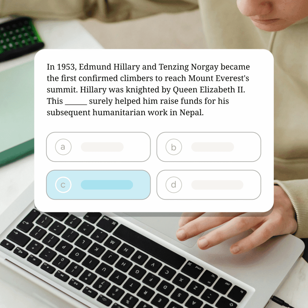 Hands on laptop with practice question overlay showing reading passage and multiple-choice options