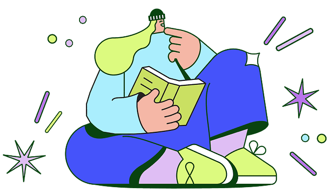 Person reading a book, surrounded by stars and decorative elements