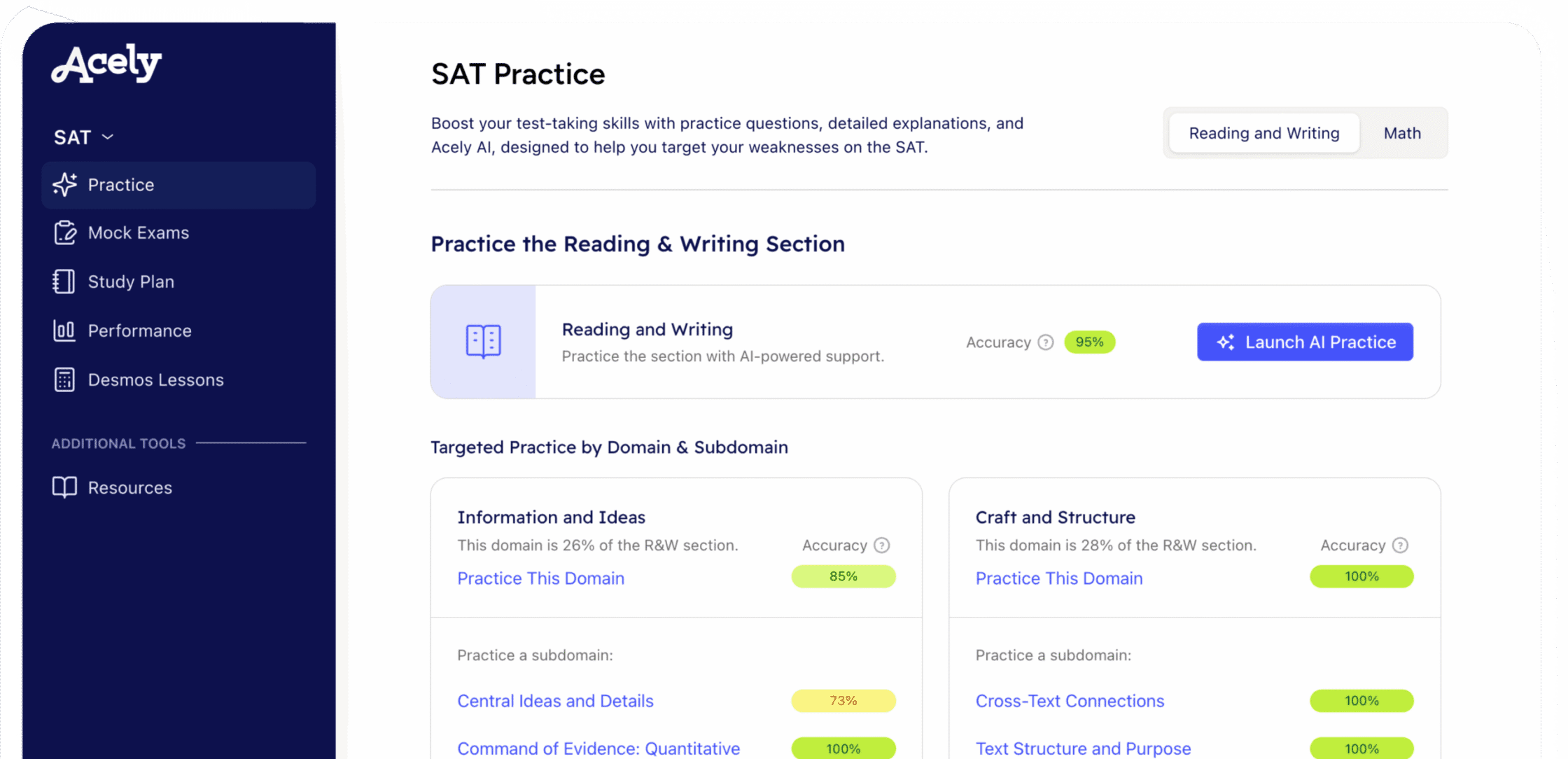 Acely SAT Practice page with sidebar navigation, Reading and Writing section, and targeted practice by domain